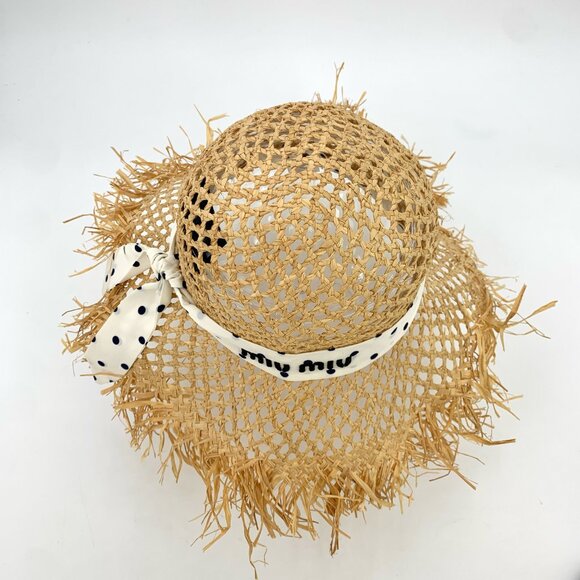 H17887 MiuMiu yellow logo letter polka dot woven straw hat Hat circumference 56c main image 4